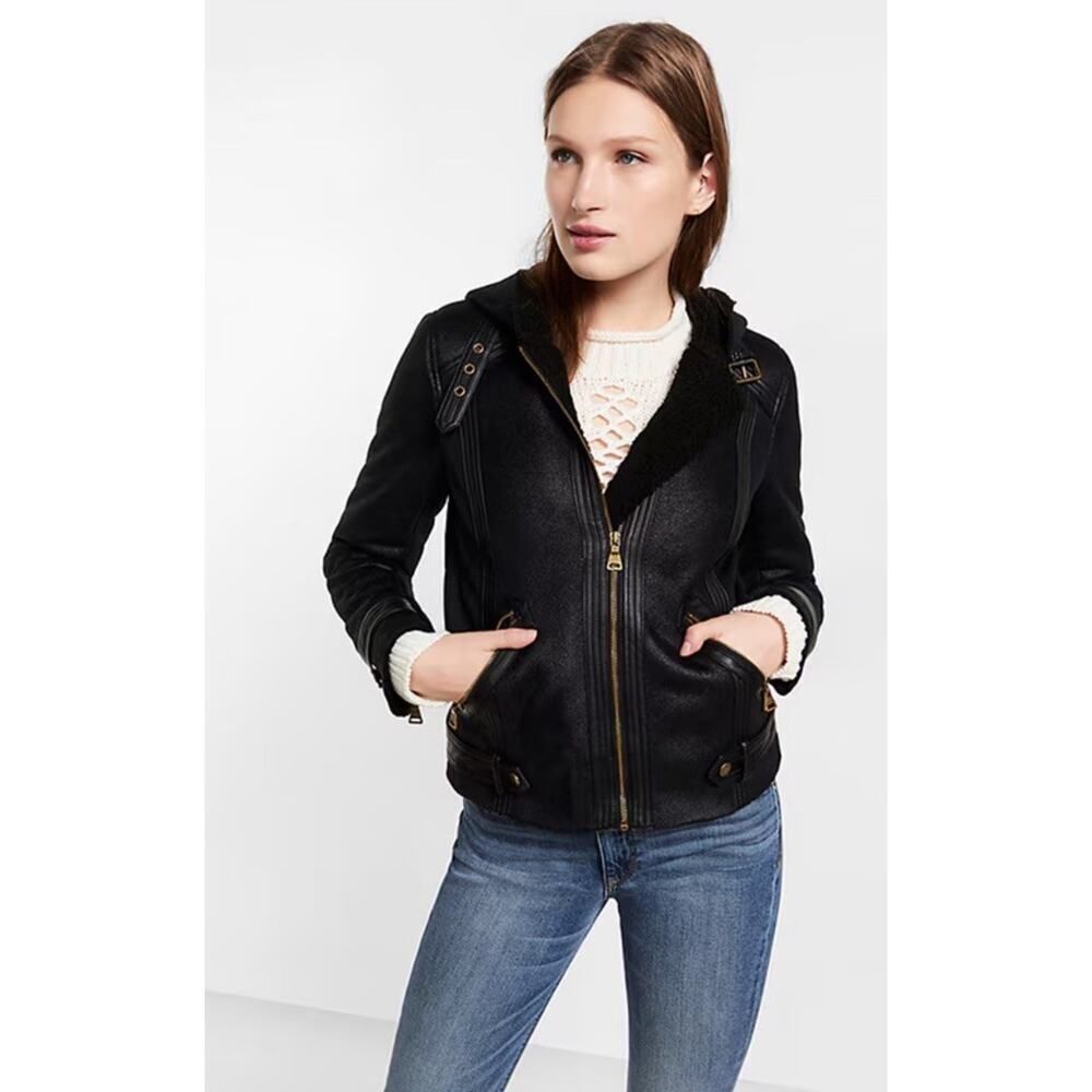 Express Faux Leather Hooded Moto Jacket Black Gold Zip Details Size Large